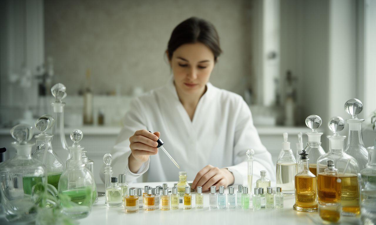 Parfümeur in einem ruhigen Atelier in Zollikon mit Glasflakons und Duftproben auf einem eleganten Arbeitstisch
