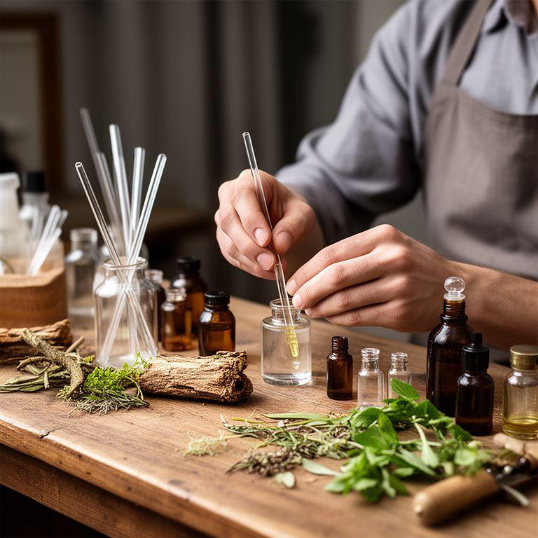 Parfümeur am Arbeitstisch mit holzigen Essenzen, Glasstäbchen und frischen Naturmaterialien