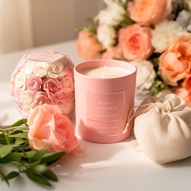 Alpenrose Geschenkset mit rosigen Duftnoten, Kerze und Stoffetui neben frischen Blüten