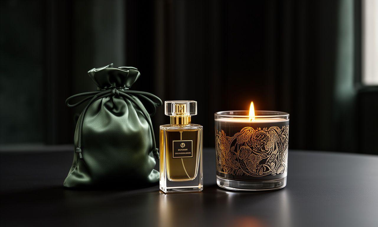 Luxuriöse Geschenksets mit Parfümflakon, Seidenetui und Kerze auf einem edlen Tisch in sanftem Tageslicht