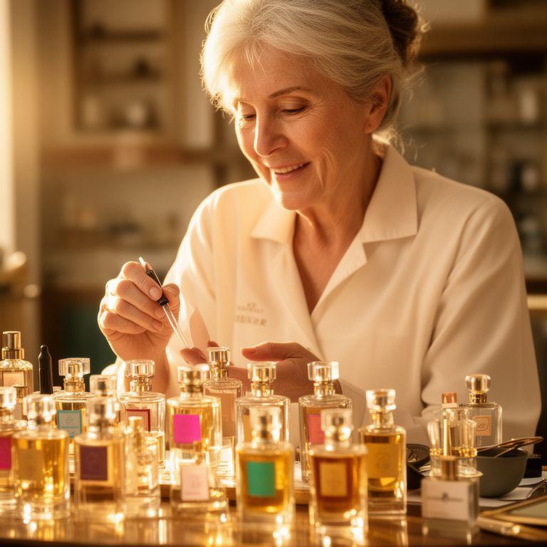 Senior Duftberaterin in einem Boutique-Parfümatelier mit verschiedenen Flakons und goldenem Tageslicht