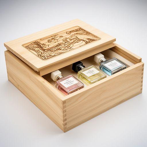 Helle Holzbox mit graviertem Deckel und sauber eingelegtem Parfümset