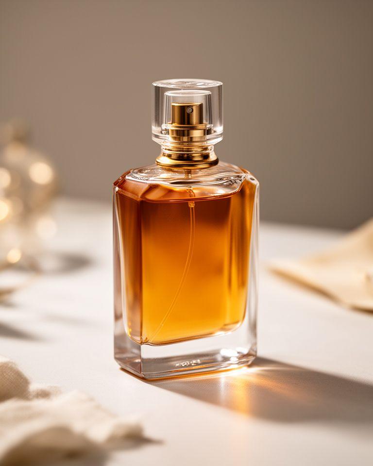 Eleganter handgefertigter Parfümflakon mit warmer Bernsteinfarbe auf einem hellen Atelier-Tisch