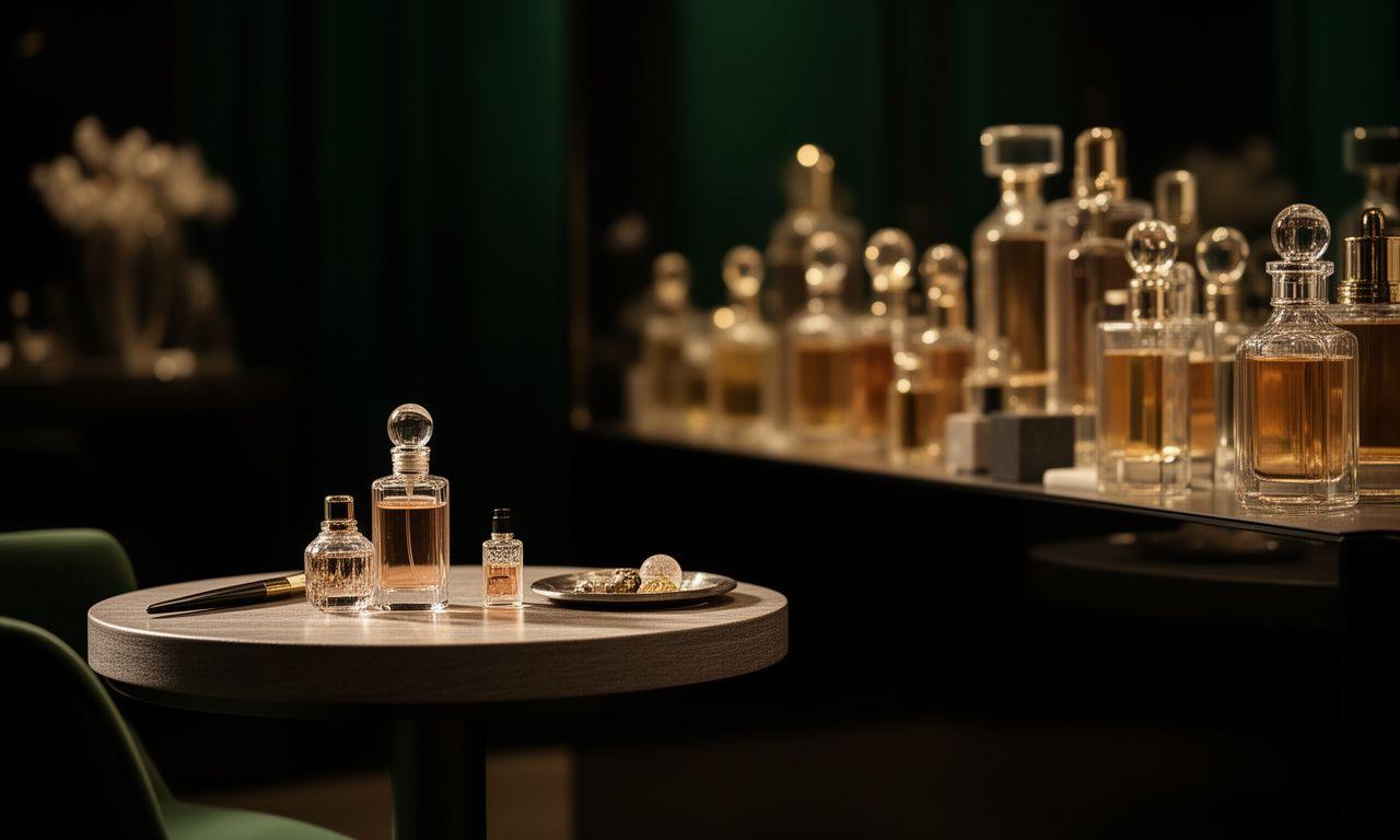 Luxury perfume atelier entrance with softly lit bottles and a refined consultation table in Zollikon