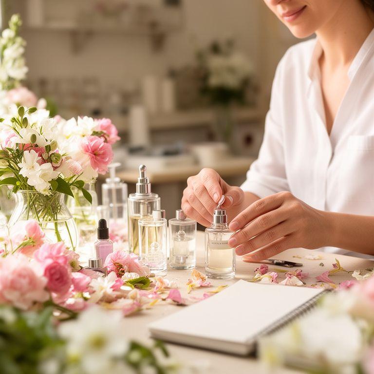 Parfümeurin in einem hellen Grasse-Atelier mit floralen Rohstoffen und einem Notizbuch